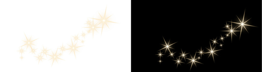 PNG image of&nbsp;A collection of shimmering golden and white starburst light flares creating a magical sparkling trail on transparent background