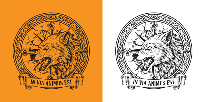 Ferocious Wolf Head with Celtic Knot Compass Frame and Latin Motto In Via Animus Est Ink Illustration
