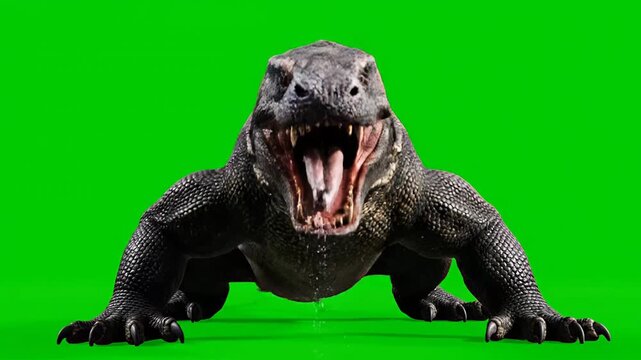 Large menacing Komodo dragon lizard reptile with open mouth stands low