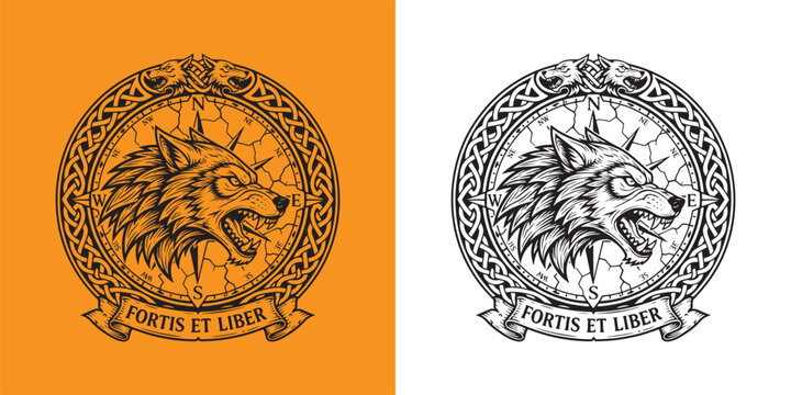 Alpha Wolf Profile with Nautical Compass Rose and Latin Motto Fortis Et Liber