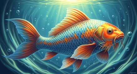Colorful koi fish swimming underwater with glowing light rays