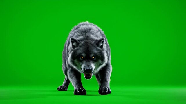 Fierce black wolf with glowing eyes crouches menacingly, ready to attack now