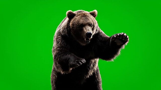 Ferocious brown bear stands aggressively on hind legs against green screen backdrop