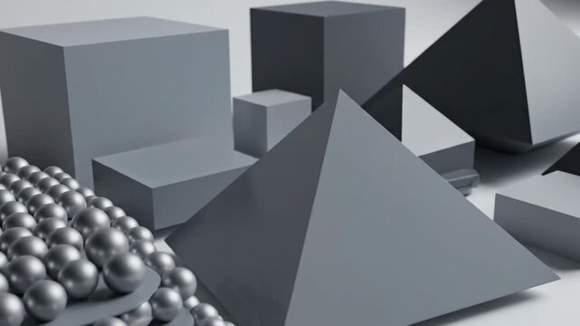 Geometric shapes arrangement with spheres cubes and pyramids in light gray