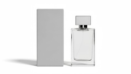 Clear Glass Perfume Bottle and Gray Packaging Box on White fragrance