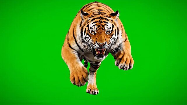 Ferocious Bengal tiger charging forward with intense predatory focus on green screen