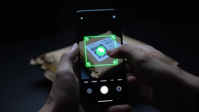 A person uses a smartphone camera to scan a QR code on a small package in low light. The phone's camera software quickly detects and highlights the code in green, capturing the data for package track
