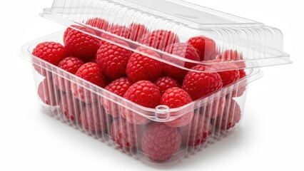 Clear Plastic Container Full of Fresh Red Raspberries fruit