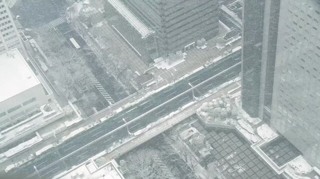東京都庁展望台からの眺め。雪が降る東京。
