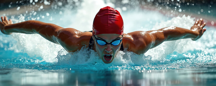 Woman swimmer performs butterfly stroke in pool. Powerful arms slice water, goggles reflect intense focus. Red cap signifies competitive spirit in aquatic sport.
