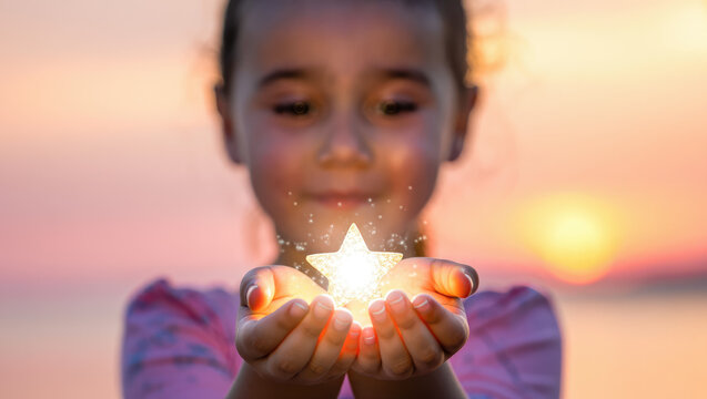 Child holding glowing star in hands during sunset, magical atmosphere, inspirational photography for storytelling and dreams, making a wish, hope, magical moment