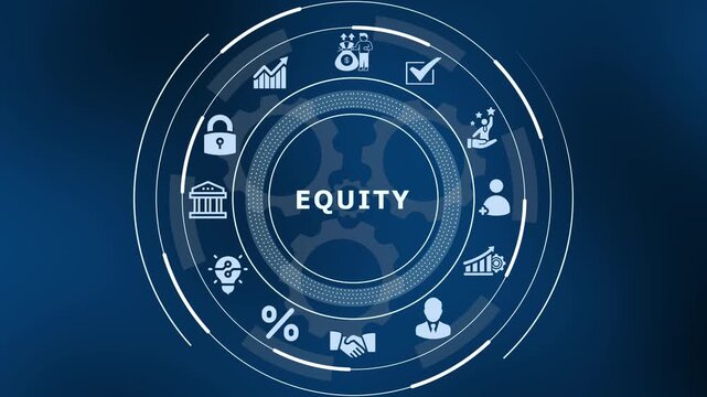 Business equity and shareholder value concept with icons for ownership, investment, fairness, and capital distribution.