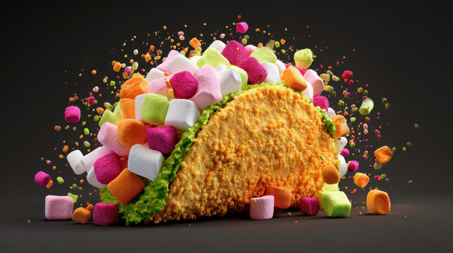 Exploding Marshmallow Candy Taco on a Dark Studio Background