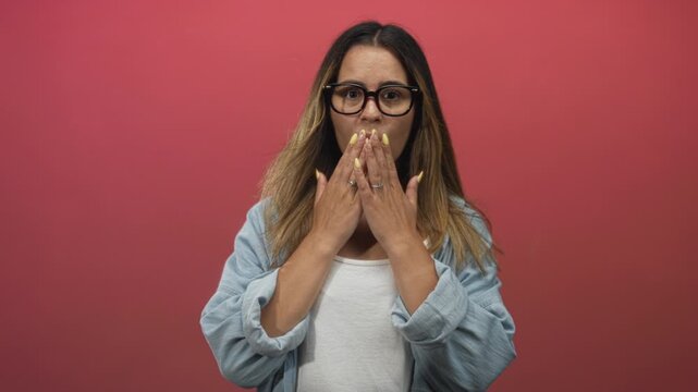 Woman wearing glasses and denim shirt covering mouth with hands in studio on pink backdrop; surprise vulnerability.