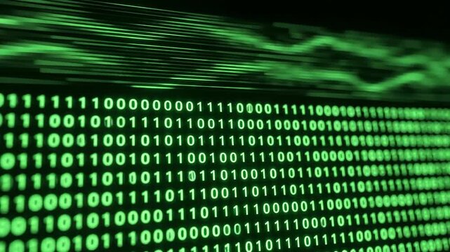 Green binary code flowing data streams for technology and digital security