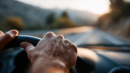 Close up of hands of a driver on the steering wheel during a road trip.