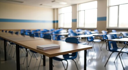 Empty classroom with blue chairs and desks
