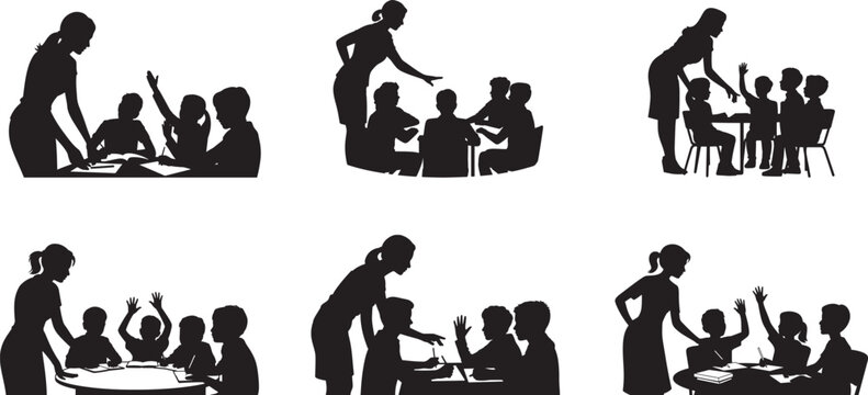 Female teacher standing beside a small group of seated students around a table silhouette collection, collaborative learning and guidance teamwork and educational interaction vector format.