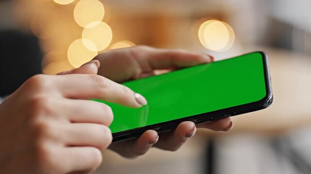 Hands hold phone displaying green screen for mockup interface insertion