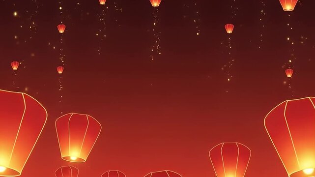 Red Chinese Sky Lanterns Flying Upwards on Dark Red Background with Golden Sparkles