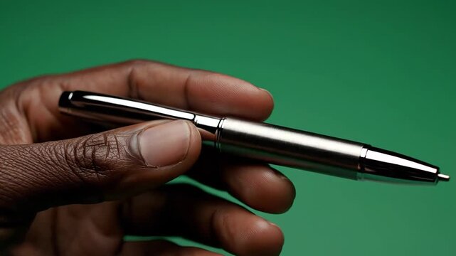 Hand holding pen close up writing implement silver on green background