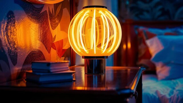 Modern spherical lamp with a warm neon filament glow resting on a bedside table at night