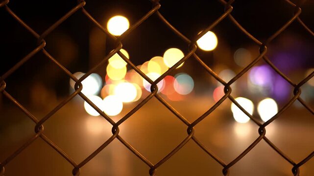 Bokeh lights glow behind a wire fence at night