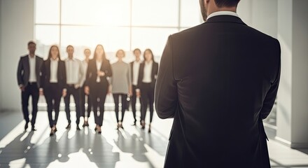 Fototapeta premium Businessman standing in front of a group of colleagues in a modern office setting