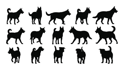 A diverse collection of black silhouettes of various dog breeds in different poses isolated on white background, Vector