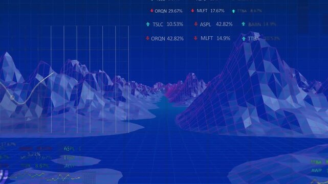 Animation of financial data processing over digital mountains