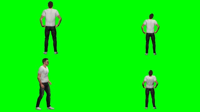 young casual man guy is running jumping slipping and standing on green screen chromakey background for 3D animated cartoonnimation. Perfect for your video creators and multimedia arts.