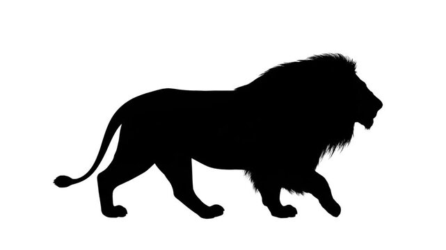 Silhouette of a majestic male lion walking confidently across a plain showcasing its powerful stance and prominent mane against a bright white background illustrating wildlife art.