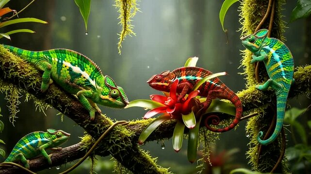 Colorful Chameleons in Lush Forest Habitat.