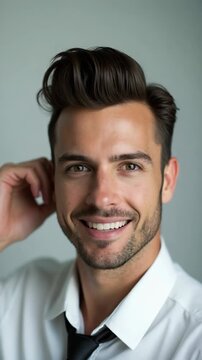 Closeup shot of macho business man touch groomed neat hairdo salon beaming smiling look mirror love himself wear white office shirt tie isolated grey color background fashion editorial phot.