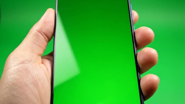Hand holding smartphone displaying green screen for compositing chroma key
