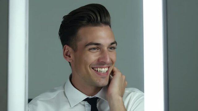 Closeup shot of macho business man touch groomed neat hairdo salon beaming smiling look mirror love himself wear white office shirt tie isolated grey color background fashion editorial phot.