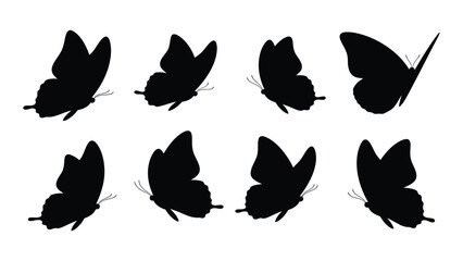 A collection of eight silhouetted butterflies in various poses and orientations isolated on white background, Vector © MDRian