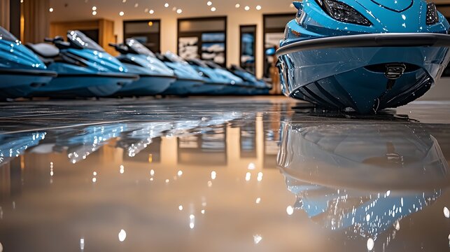 Modern jet ski showroom row.