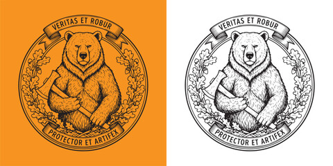 Strong Bear with Axe and Oak Wreath Heraldic Emblem © Hamdani
