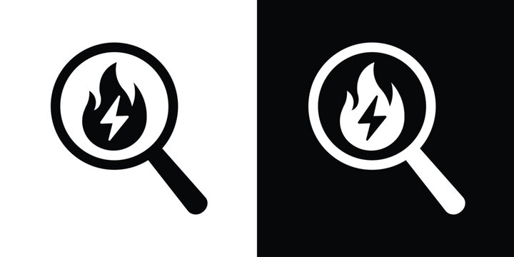 Search icon containing a flame and lightning bolt. Represents trending topics, high energy search, power discovery, fast performance analysis, or identifying hot data insights.