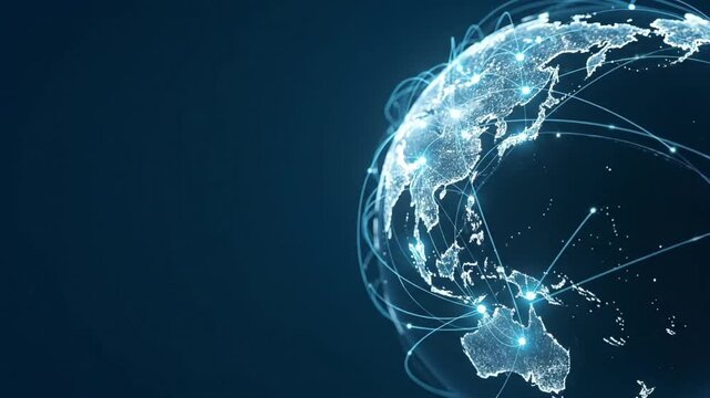 "A detailed digital globe illustration showcasing interconnected networks and data flows across Asia and Oceania, representing global connectivity and technological advancement."