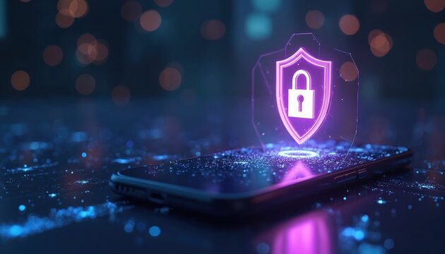 Digital shield with padlock symbol hovers over smartphone screen, symbolizing online payment security and data protection. Cyber safety, privacy, mobile banking concept.