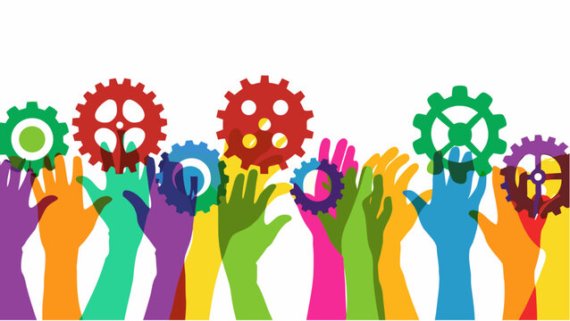 Diverse hands working together with colorful gear cogs in unity