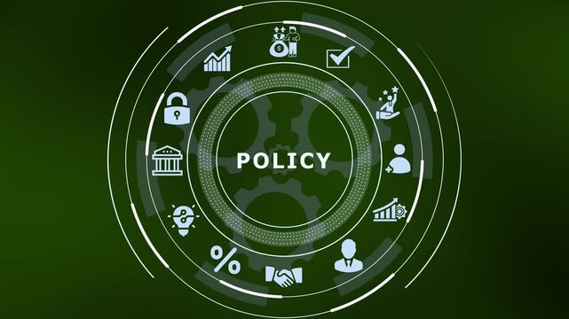 Corporate policy framework and organizational guidelines concept with blue digital icons and text.