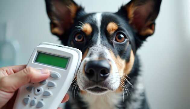 Vet scans dog microchip with reader device. Animal identification checkup in clinic. Pet microchipping for safety and ownership registration.