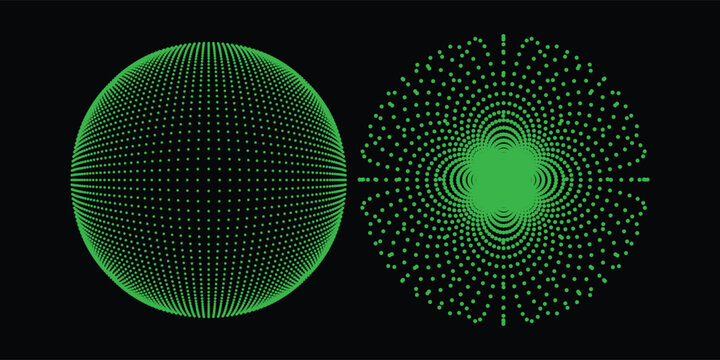 Modern tech globe made of green pixels and dots, floating hologram sphere on black background, high resolution