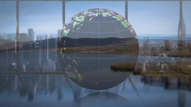 Floating globe with national flags and grid lines reflecting on glossy floor under windows