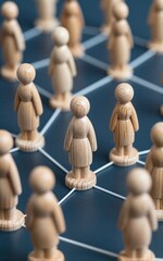 Obraz premium Wooden figures stand in network grid, symbolizing human connections and collaboration.