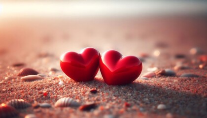 Fototapeta premium Two red hearts on sandy beach with seashells at sunset