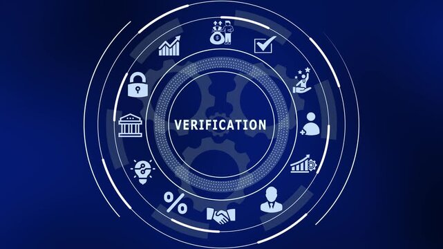  Digital data verification and security authentication concept with blue icons and business heading.